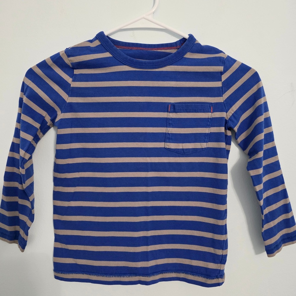 Mini Boden Boys Blue Grey Striped Long Sleeve Pocket T-Shirt Size 5-6Y 870954